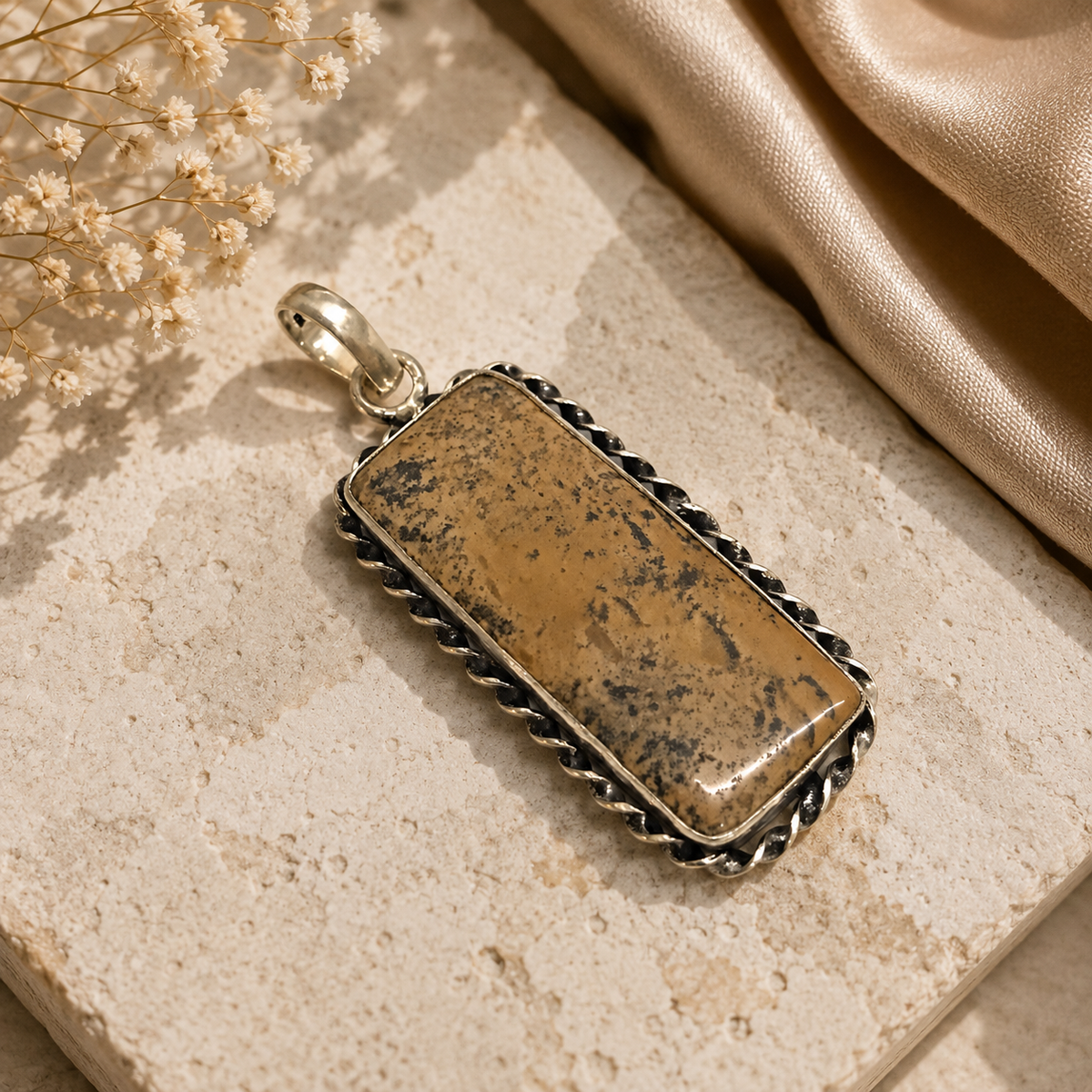 Natural Jasper Silver Pendant, Rectangular Gemstone Boho Jewelry Gift PEN163-SLV-NPJR01