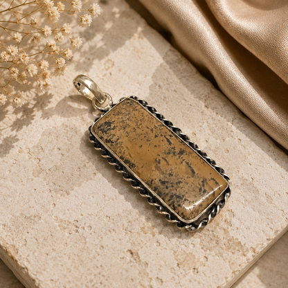 Natural Jasper Silver Pendant, Rectangular Gemstone Boho Jewelry Gift PEN163-SLV-NPJR01