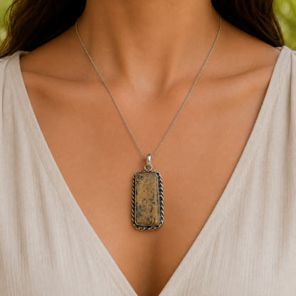 Natural Jasper Silver Pendant, Rectangular Gemstone Boho Jewelry Gift PEN163-SLV-NPJR01