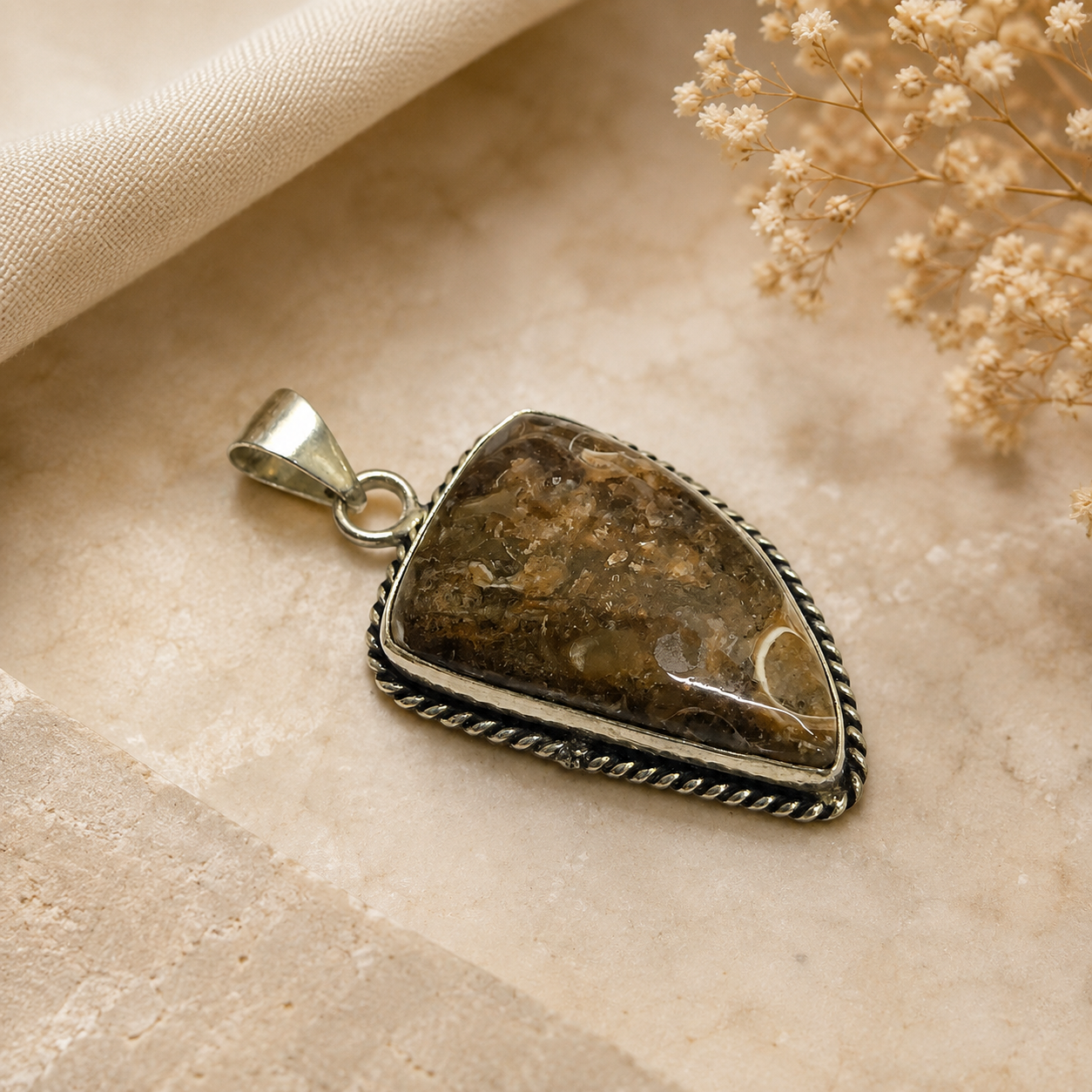Natural Turritella Agate Pendant, Fossil Gemstone Boho Jewelry PEN166-SLV-NTT01
