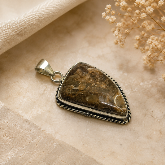 Natural Turritella Agate Pendant, Fossil Gemstone Boho Jewelry PEN166-SLV-NTT01