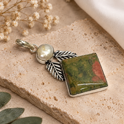 Natural Unakite Pendant, Silver Tone Boho Statement Gemstone Jewelry PEN167-SLV-NRUN-NPRL02