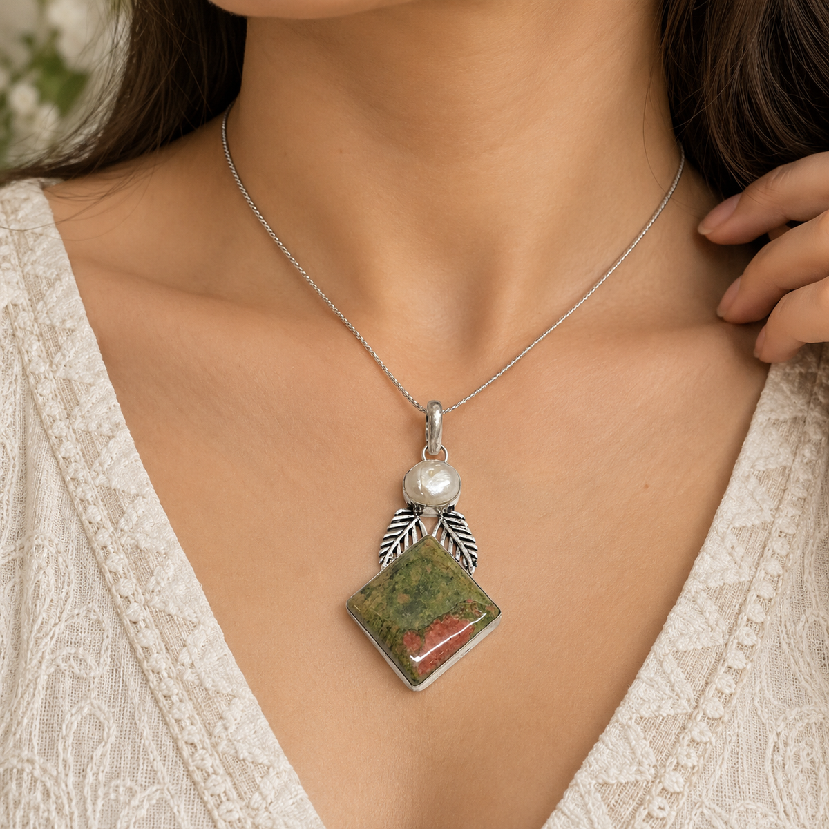 Natural Unakite Pendant, Silver Tone Boho Statement Gemstone Jewelry PEN167-SLV-NRUN-NPRL02
