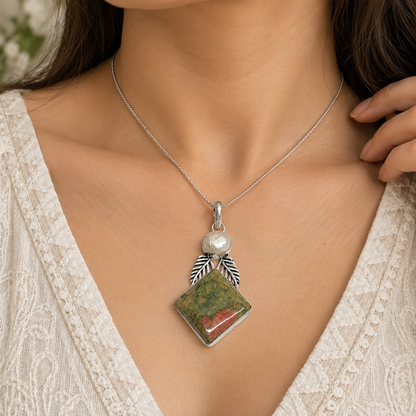 Natural Unakite Pendant, Silver Tone Boho Statement Gemstone Jewelry PEN167-SLV-NRUN-NPRL02