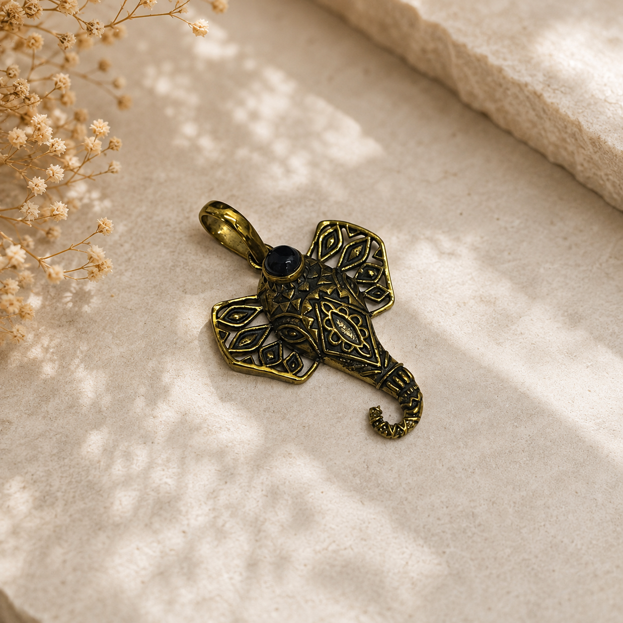Elephant Pendant with Green Stone Boho Tribal Jewelry PEN170-BRS-NBO01