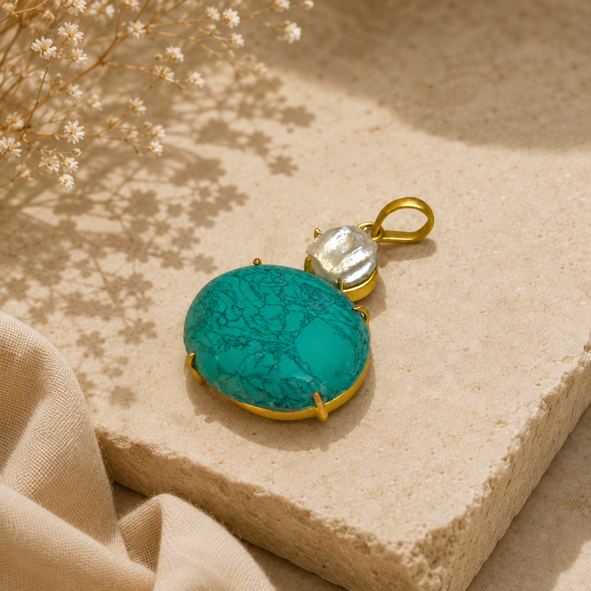 Turquoise & Natural Pearl Pendant | Gold Plated Handmade Jewelry PEN176-GLD-LTQS-NPRL02