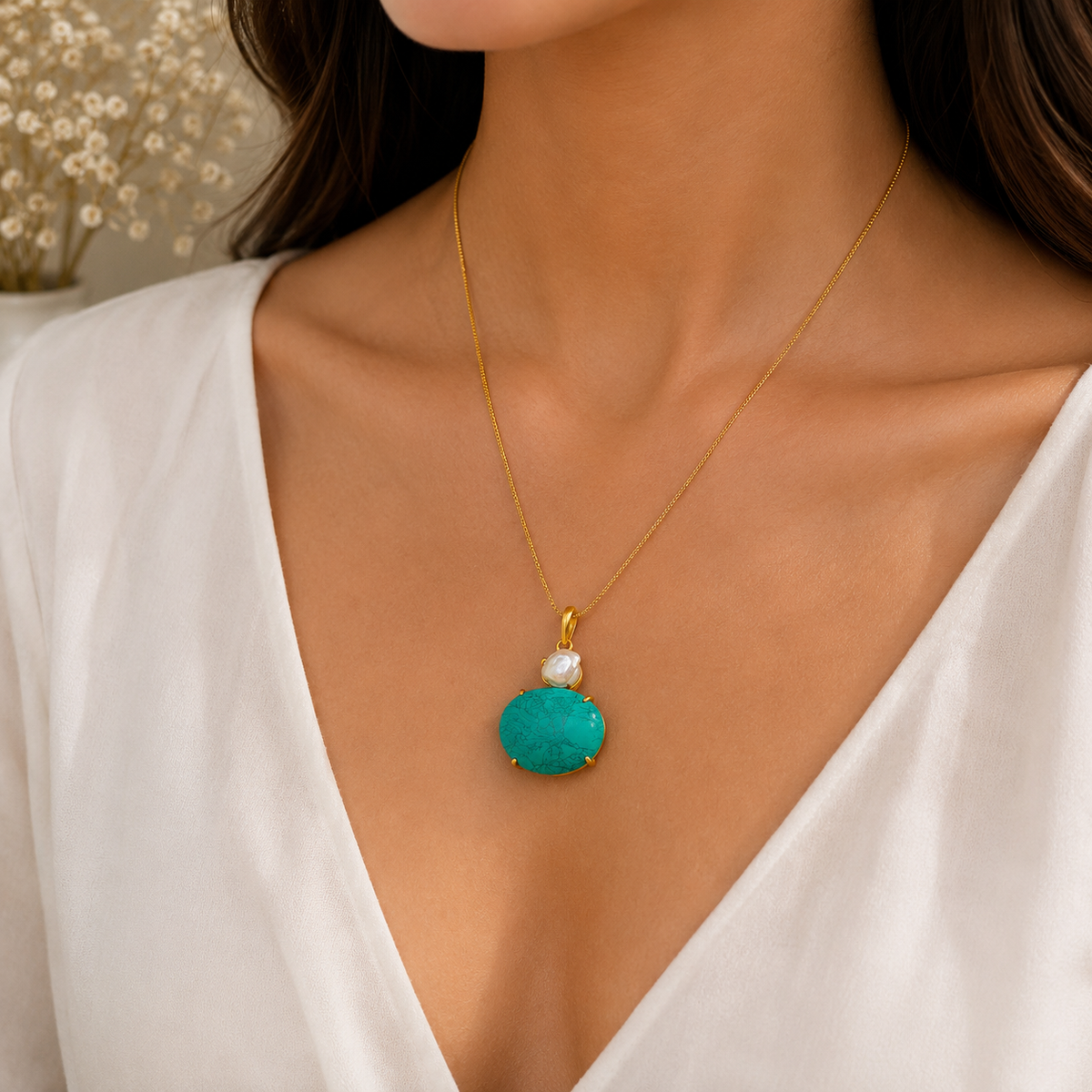 Turquoise & Natural Pearl Pendant | Gold Plated Handmade Jewelry PEN176-GLD-LTQS-NPRL02