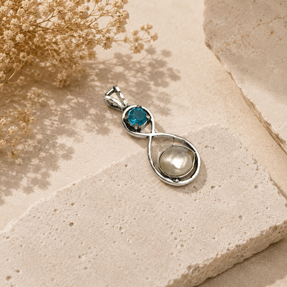 Blue Topaz Pearl Silver Pendant | Elegant Handmade Statement Jewelry PEN177-SLV-NPRL-LBT02