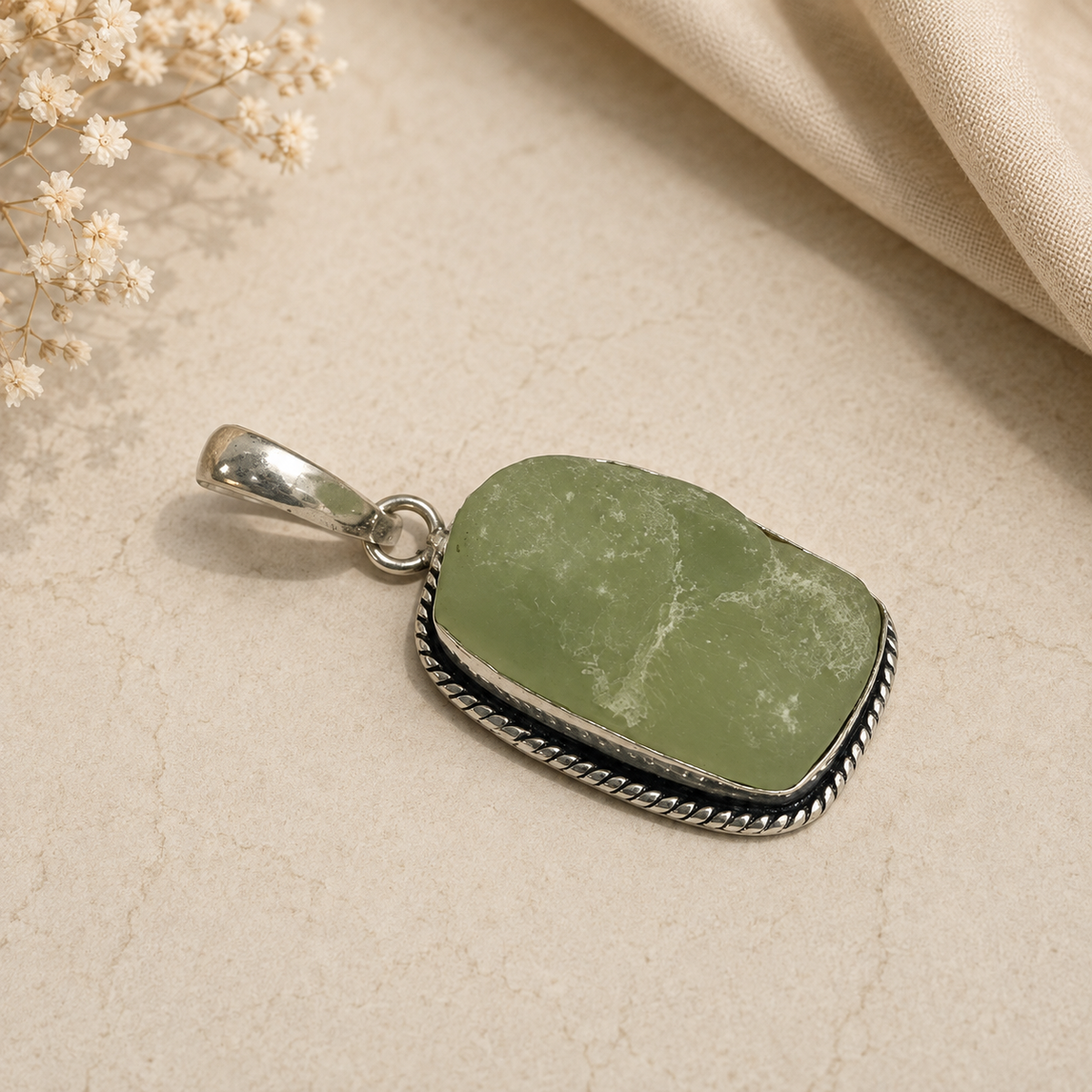 Natural Green Prehnite Rectangular Pendant Silver Plated Jewelry PEN179-SLV-NPR01