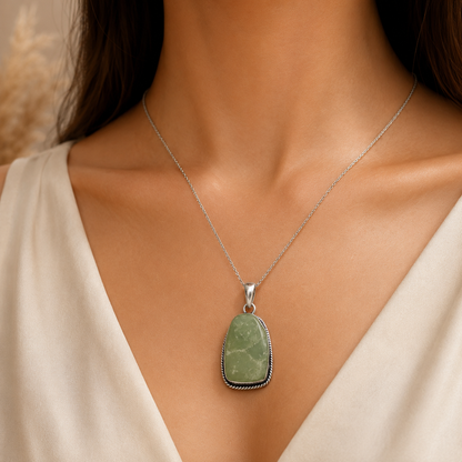 Natural Green Prehnite Rectangular Pendant Silver Plated Jewelry PEN179-SLV-NPR01