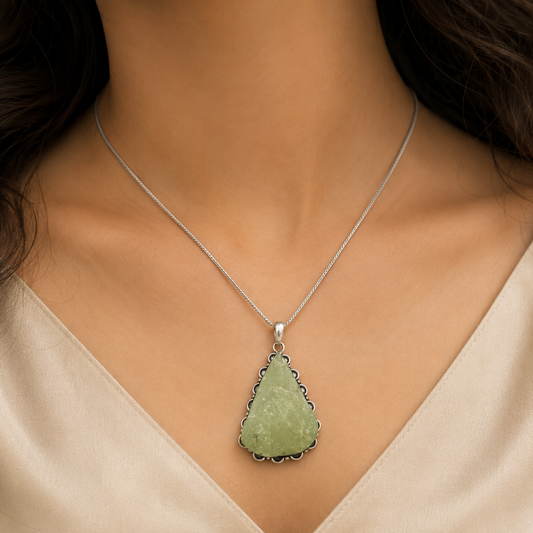 Natural Green Prehnite Pear Pendant Silver Plated Jewelry PEN180-SLV-NPR01