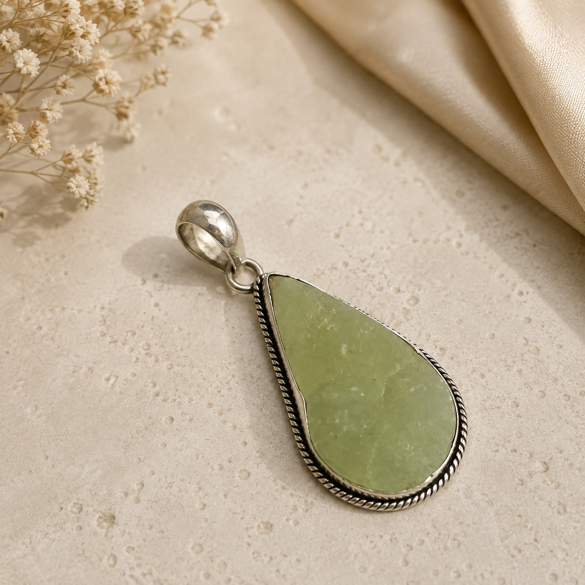 Natural Green Prehnite Teardrop Pendant Silver Plated Jewelry PEN182-SLV-NPR01