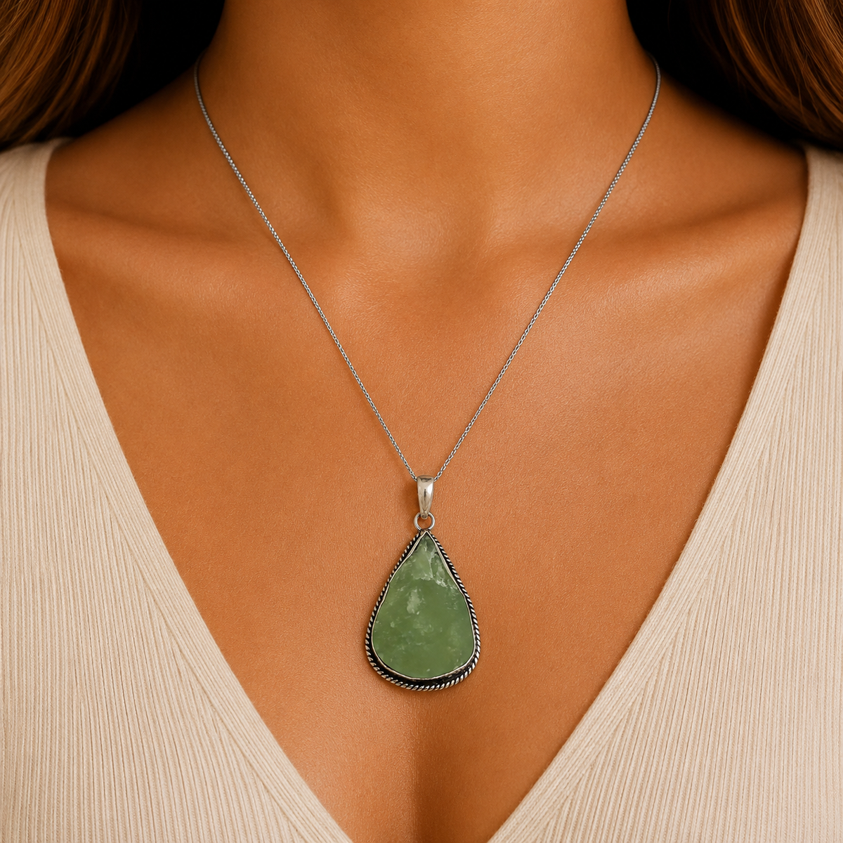 Natural Green Prehnite Pendant Silver Plated Boho Jewelry PEN183-SLV-NPR01