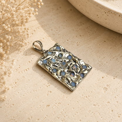 White Moonstone Silver Pendant, Textured Boho Statement Gemstone PEN184-SLV-NMS14