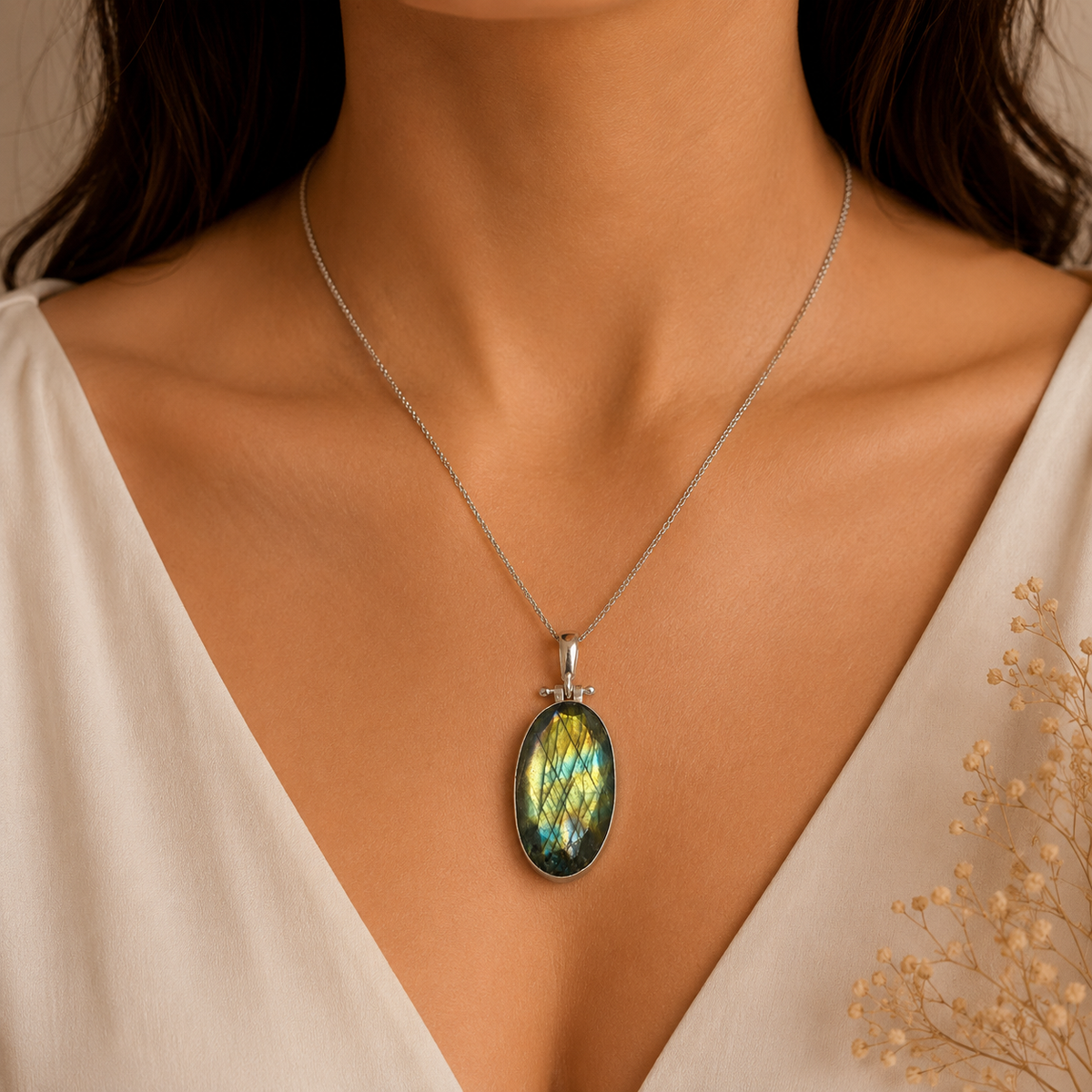 Natural Labradorite Pendant Silver Oval Boho Statement Jewelry PEN187-SLV-NLBD01