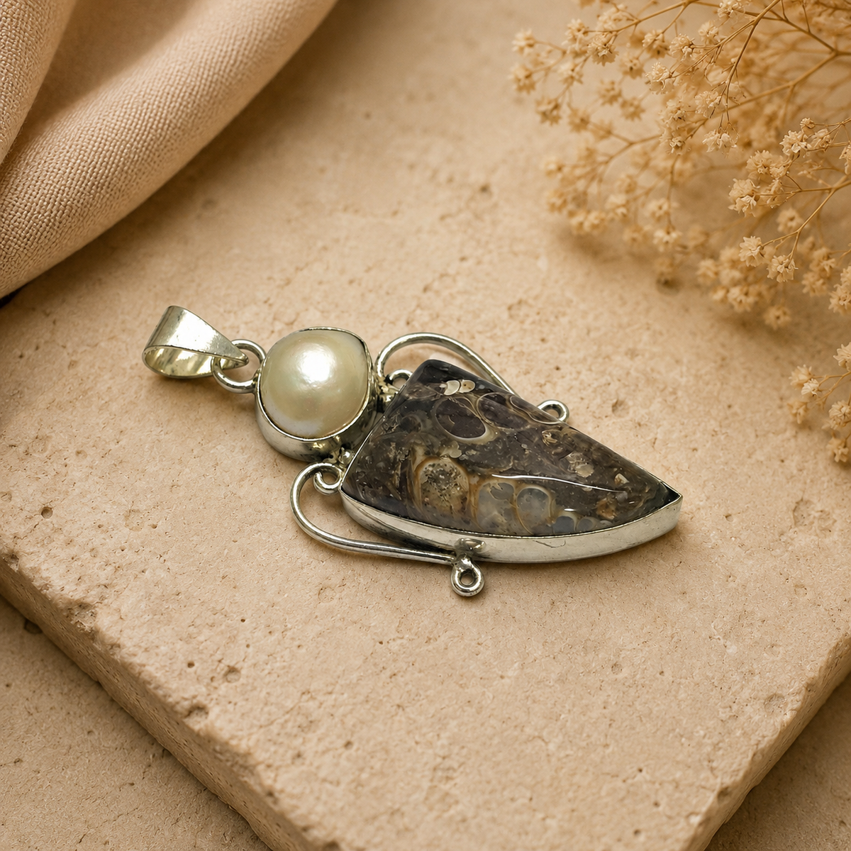 Natural Turritella Agate & Pearl Pendant Silver Boho Jewelry PEN188-SLV-NTT-NPRL02