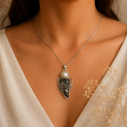 Natural Turritella Agate & Pearl Pendant Silver Boho Jewelry PEN188-SLV-NTT-NPRL02