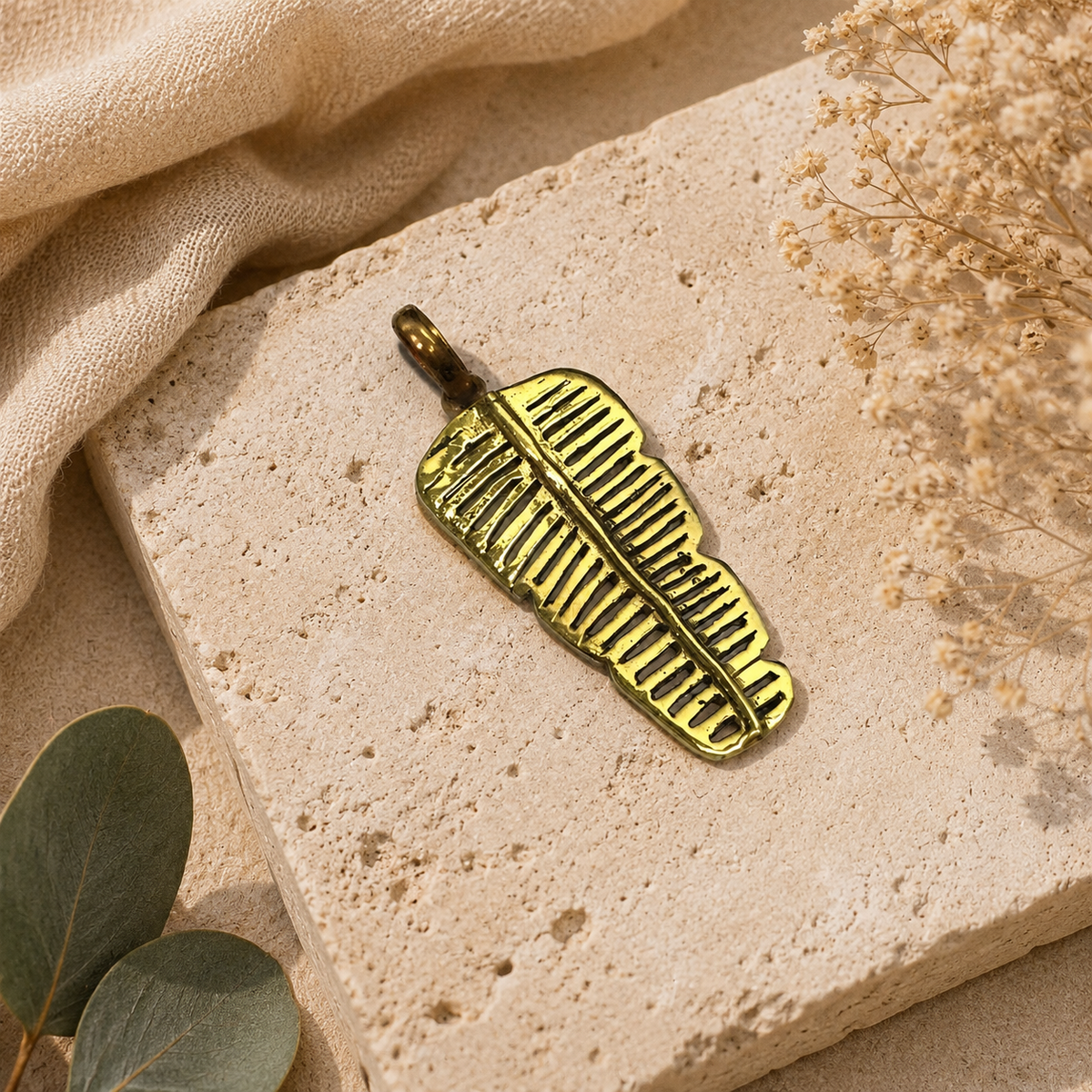 Gold Tone Leaf Pendant Brass Botanical Statement Necklace Boho Jewelry PEN189-BRS-PLN