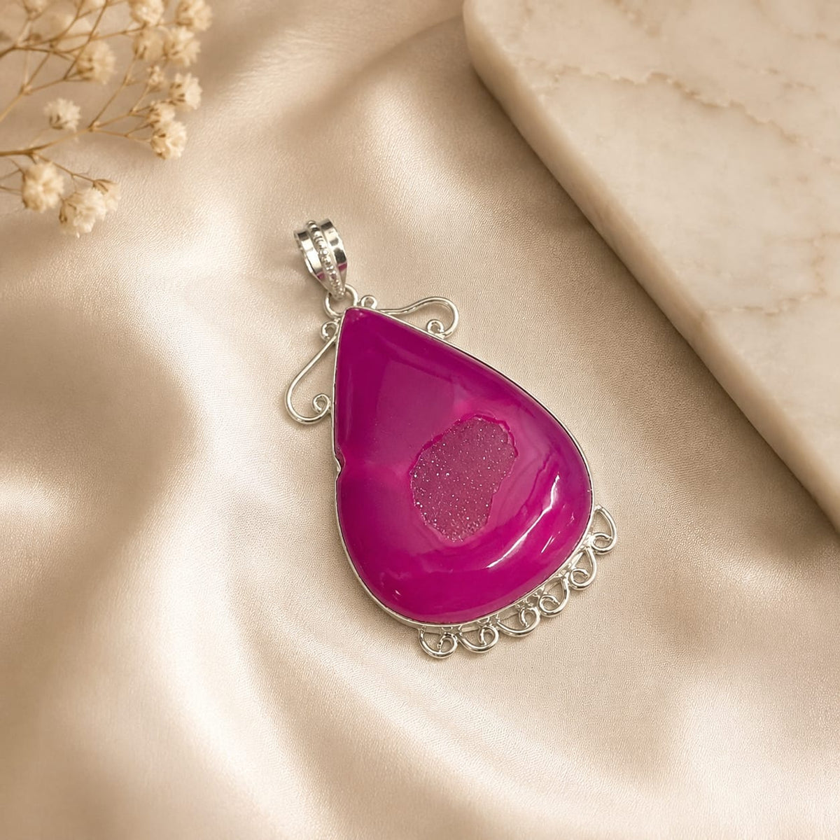Pink Geode Agate Pendant Silver Teardrop Boho Statement Jewelry PEN190-SLV-NGD01