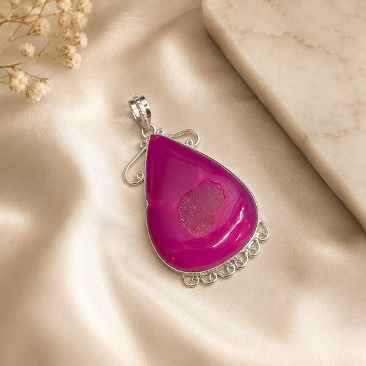Pink Geode Agate Pendant Silver Teardrop Boho Statement Jewelry PEN190-SLV-NGD01
