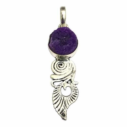 Purple Amethyst Druzy Pendant Silver Angel Wing Boho Statement Jewelry PEN191-SLV-NPDY01