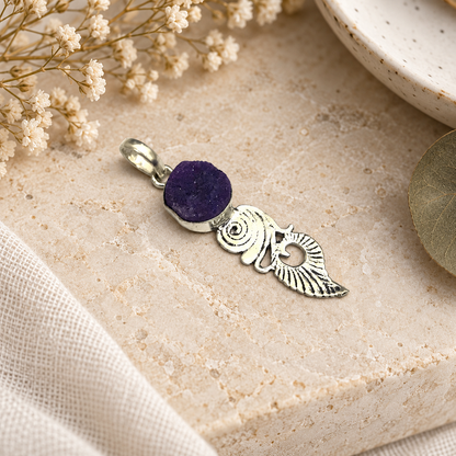 Purple Amethyst Druzy Pendant Silver Angel Wing Boho Statement Jewelry PEN191-SLV-NPDY01