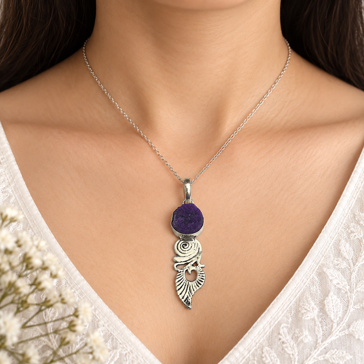 Purple Amethyst Druzy Pendant Silver Angel Wing Boho Statement Jewelry PEN191-SLV-NPDY01