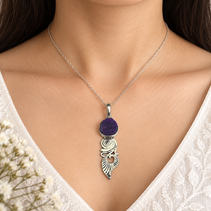 Purple Amethyst Druzy Pendant Silver Angel Wing Boho Statement Jewelry PEN191-SLV-NPDY01
