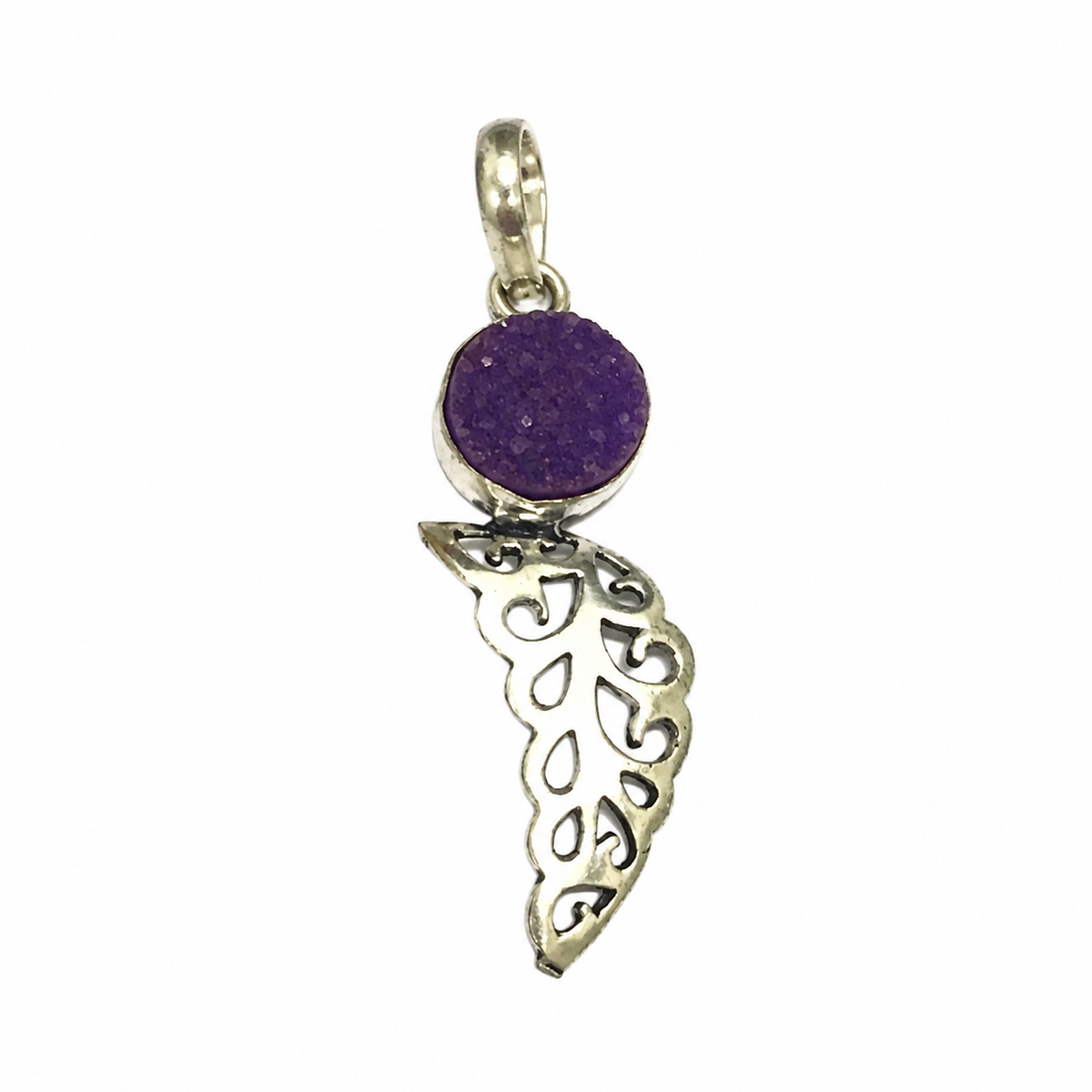 Purple Druzy Feather Pendant Silver Boho Statement Gemstone PEN192-SLV-NPDY01