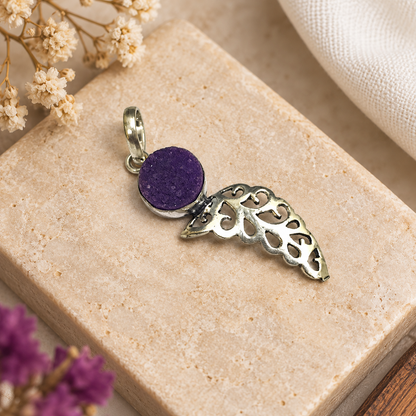 Purple Druzy Feather Pendant Silver Boho Statement Gemstone PEN192-SLV-NPDY01