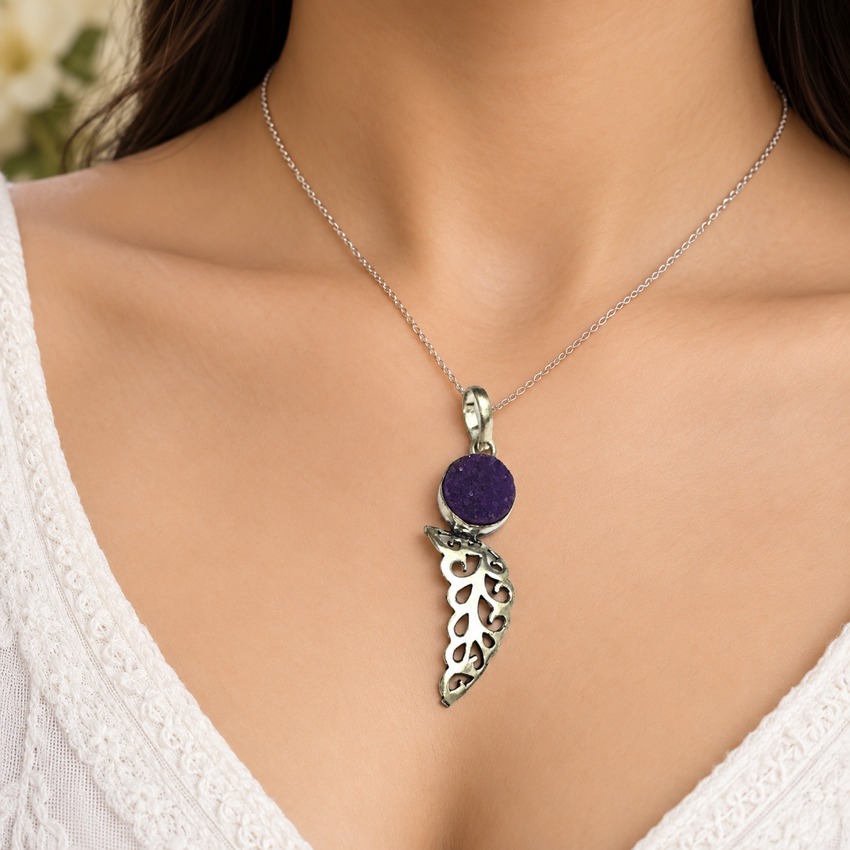 Purple Druzy Feather Pendant Silver Boho Statement Gemstone PEN192-SLV-NPDY01