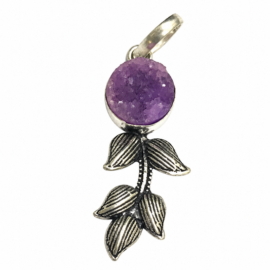 Purple Druzy Leaf Pendant Silver Botanical Boho Statement Jewelry PEN193-SLV-NPDY01