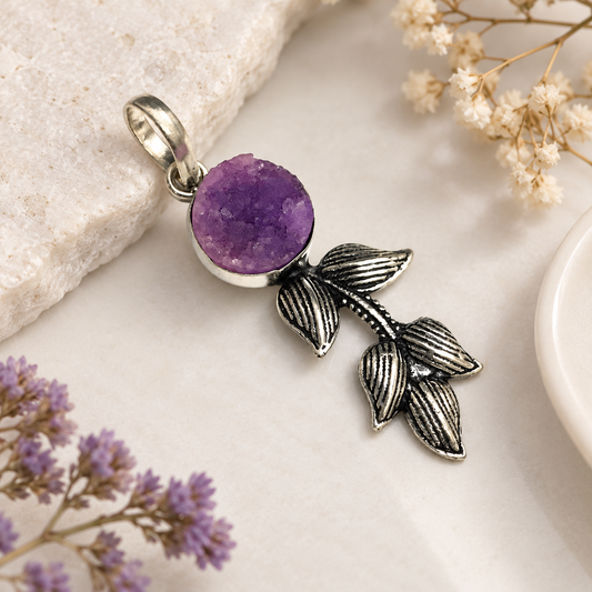 Purple Druzy Leaf Pendant Silver Botanical Boho Statement Jewelry PEN193-SLV-NPDY01