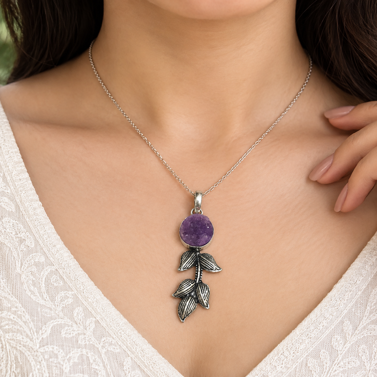 Purple Druzy Leaf Pendant Silver Botanical Boho Statement Jewelry PEN193-SLV-NPDY01