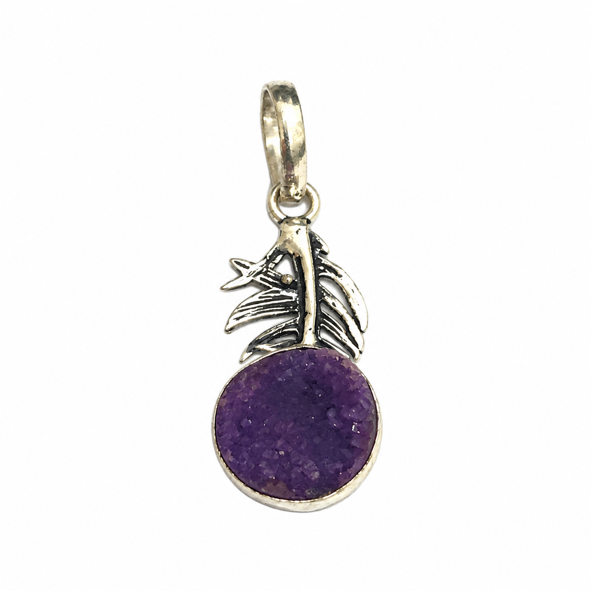 Amethyst Druzy Leaf Pendant Silver Botanical Boho Gemstone Jewelry PEN194-SLV-NPDY01