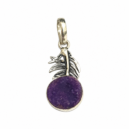 Amethyst Druzy Leaf Pendant Silver Botanical Boho Gemstone Jewelry PEN194-SLV-NPDY01