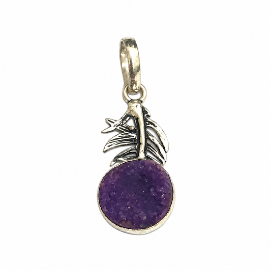 Amethyst Druzy Leaf Pendant Silver Botanical Boho Gemstone Jewelry PEN194-SLV-NPDY01