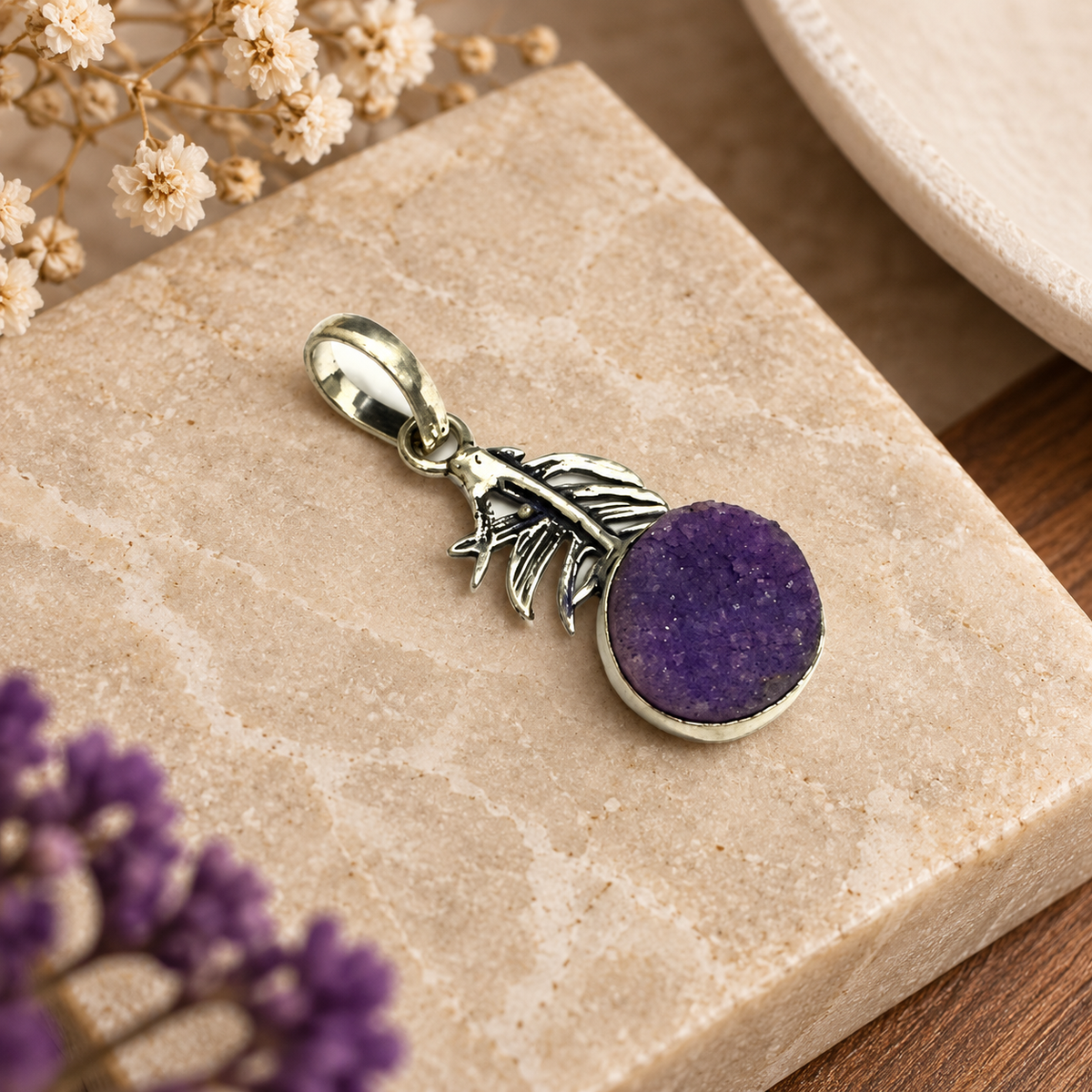 Amethyst Druzy Leaf Pendant Silver Botanical Boho Gemstone Jewelry PEN194-SLV-NPDY01