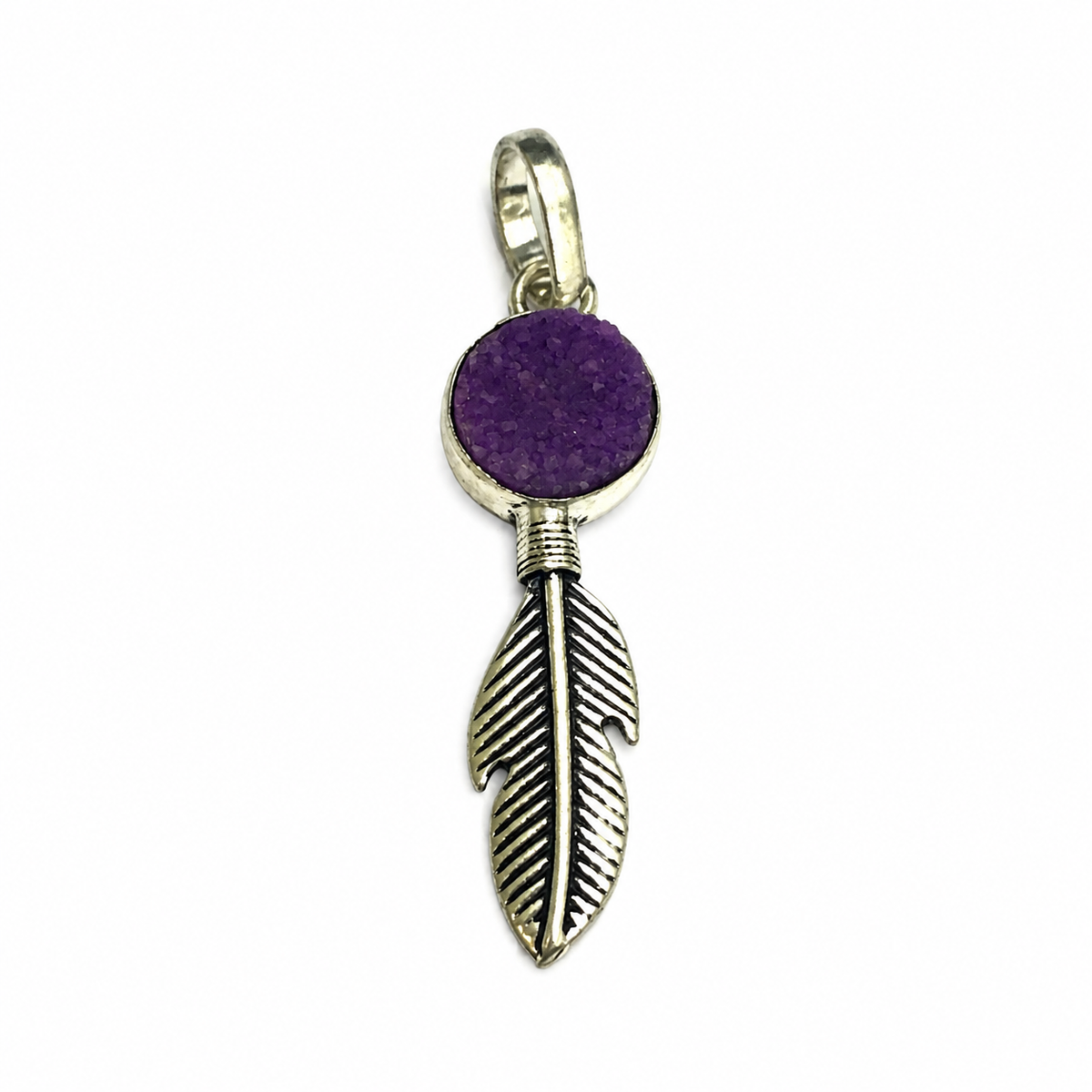 Purple Druzy Feather Pendant Silver Boho Statement Jewelry PEN195-SLV-NPDY01