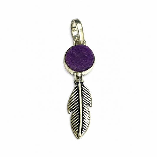 Purple Druzy Feather Pendant Silver Boho Statement Jewelry PEN195-SLV-NPDY01