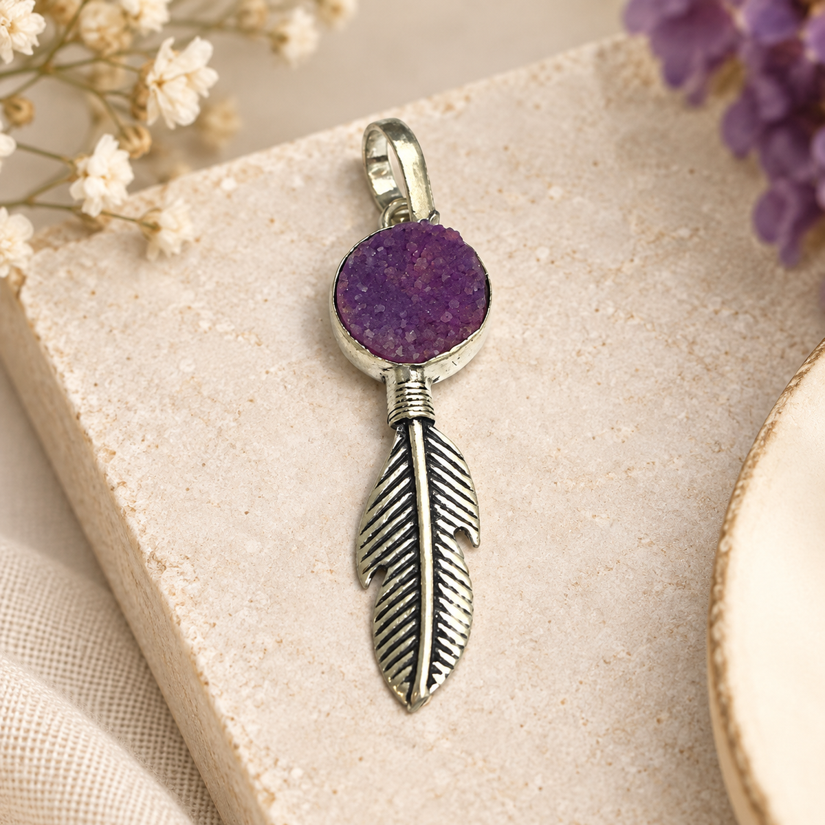 Purple Druzy Feather Pendant Silver Boho Statement Jewelry PEN195-SLV-NPDY01