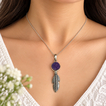 Purple Druzy Feather Pendant Silver Boho Statement Jewelry PEN195-SLV-NPDY01