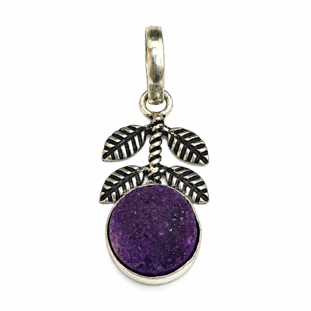 Purple Druzy Leaf Pendant Silver Botanical Boho Jewelry PEN196-SLV-NPDY01