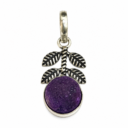 Purple Druzy Leaf Pendant Silver Botanical Boho Jewelry PEN196-SLV-NPDY01
