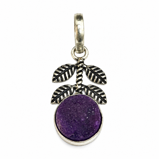 Purple Druzy Leaf Pendant Silver Botanical Boho Jewelry PEN196-SLV-NPDY01