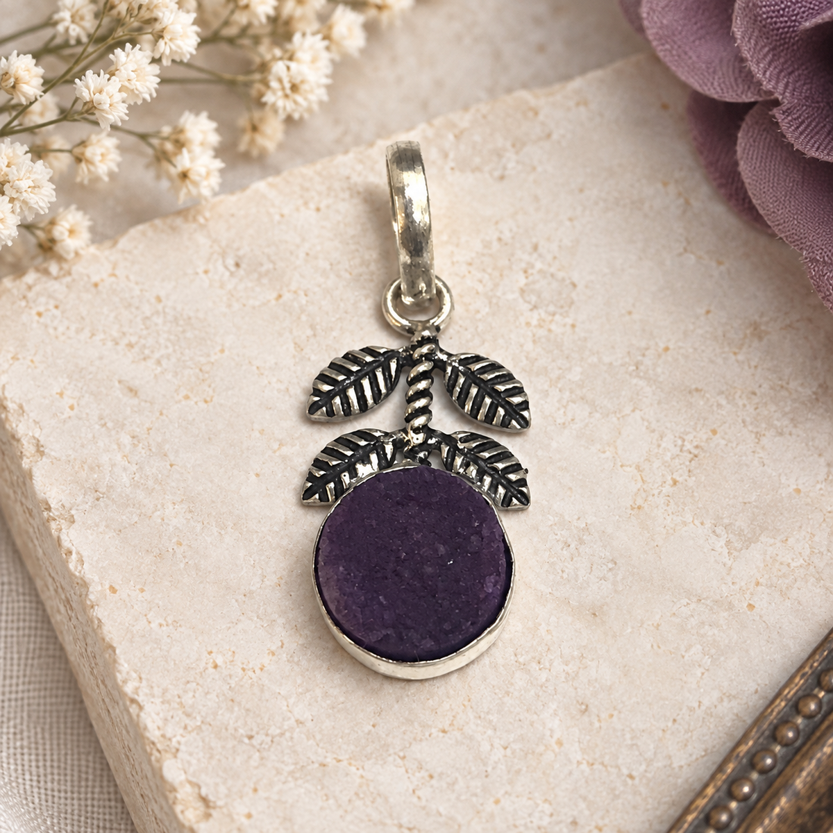 Purple Druzy Leaf Pendant Silver Botanical Boho Jewelry PEN196-SLV-NPDY01