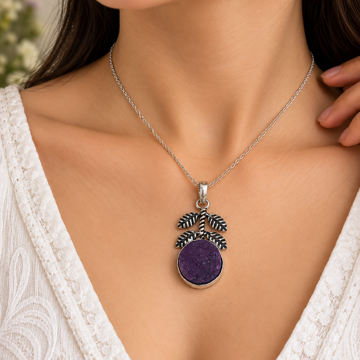 Purple Druzy Leaf Pendant Silver Botanical Boho Jewelry PEN196-SLV-NPDY01