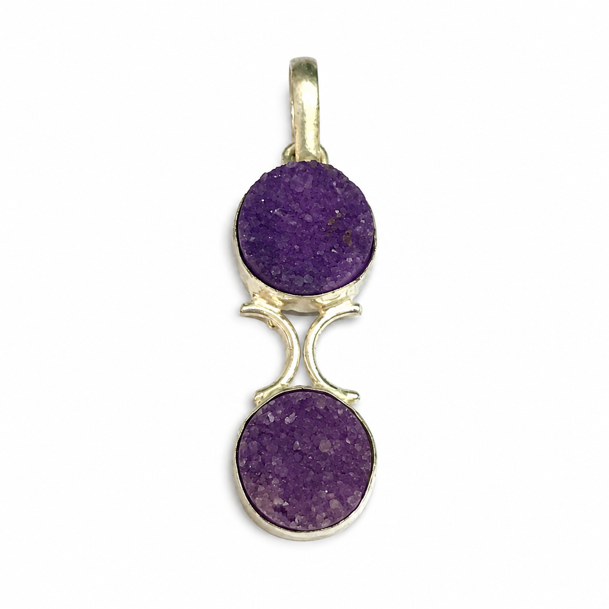 Purple Druzy Double Stone Pendant Silver Boho Jewelry PEN197-SLV-NPDY02