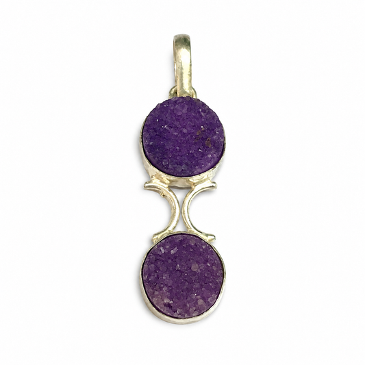 Purple Druzy Double Stone Pendant Silver Boho Jewelry PEN197-SLV-NPDY02