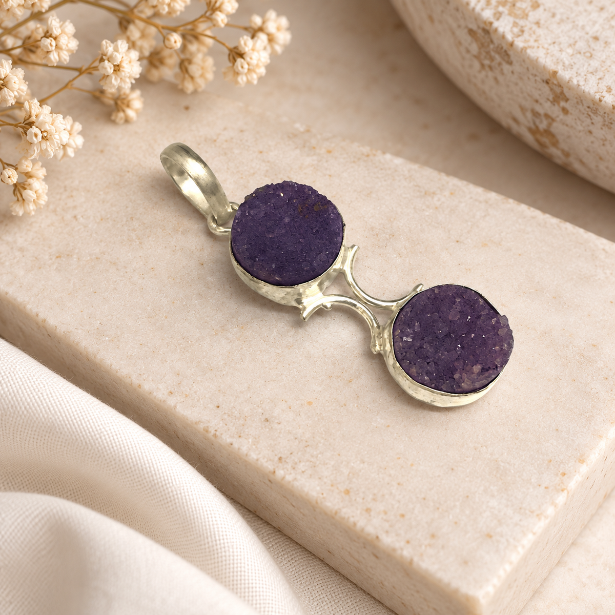 Purple Druzy Double Stone Pendant Silver Boho Jewelry PEN197-SLV-NPDY02